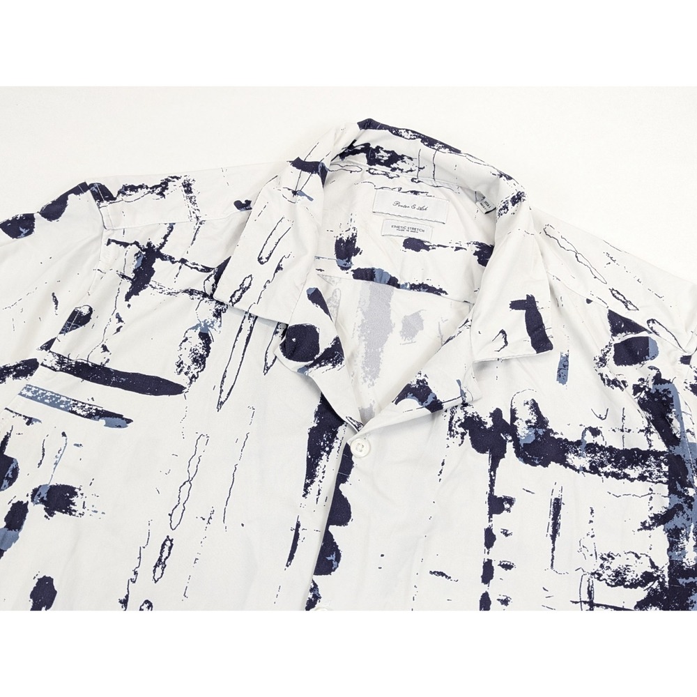 Porter Ash Luxury Kinetic Stretch Shirt Mens LG Button Down‎ White Blue Abstract